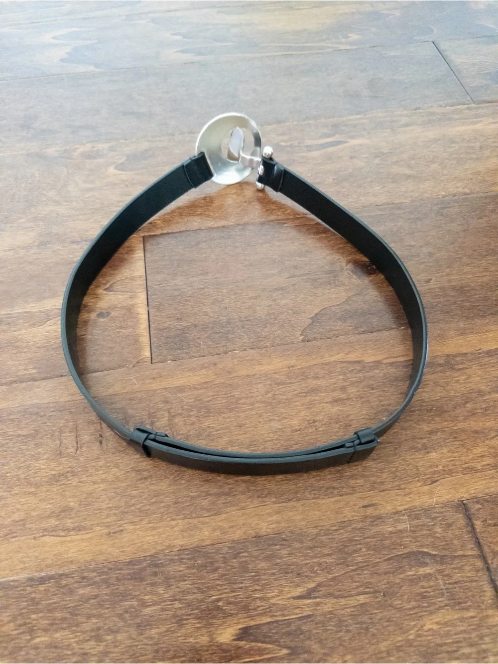Black Adjustable Leather Belt Hammered Silver Statement Buckle Boho Modern